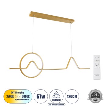 GLOBOSTAR® WINDY 61293 Μοντέρνο Κρεμαστό Φωτιστικό Οροφής LED 67W 7504lm 300° AC 220-240V IP20 Ρυθμιζόμενο Λευκό CCT με Χειριστήριο από 2700K έως 6000K Dimmable - Lumileds SMD Chip - Χρυσό Βούρτσας - Μ120 x Π4 x Υ30cm - 3 Χρόνια Εγγύηση