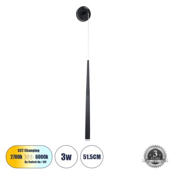 GLOBOSTAR® TEARS 61315 Μοντέρνο Φωτιστικό Τοίχου - Απλίκα LED 3W 330lm 180° AC 220-240V IP20 Ρυθμιζόμενο Λευκό CCT με On/Off 2700K/4500K/6000K - Lumileds SMD Chip - Μαύρο Ματ - Μ3.2 x Π3.2 x Υ51.5cm - 3 Χρόνια Εγγύηση