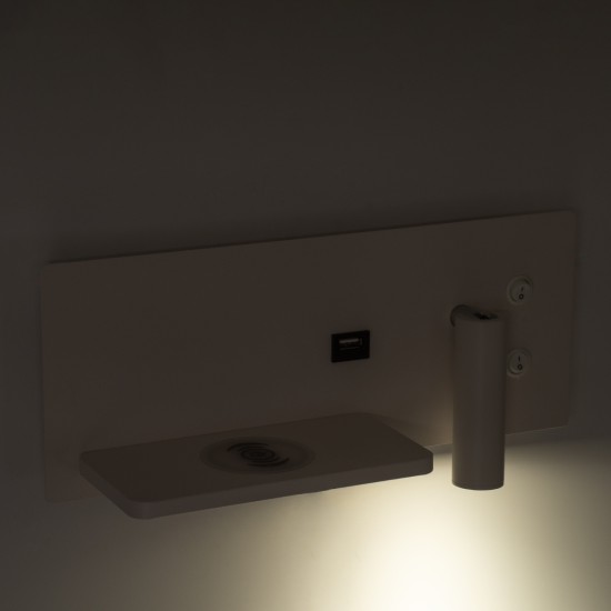 GloboStar® PALADIN 61353 Μοντέρνο Φωτιστικό Τοίχου - Απλίκα Ξενοδοχείου Bed Side LED 6W 720lm 36° AC 220-240V - Reading Light & Κρυφός Φωτισμός - Φορτιστές USB 3A & Wireless 20W - Μ30 x Π11 x Υ12cm - Φυσικό Λευκό 4500K - Λευκό - Αριστερό