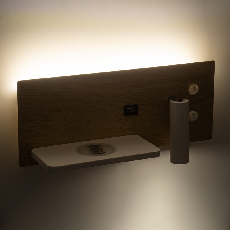 GloboStar® PALADIN 61359 Μοντέρνο Φωτιστικό Τοίχου - Απλίκα Ξενοδοχείου Bed Side LED 6W 720lm 36° AC 220-240V - Reading Light & Κρυφός Φωτισμός - Φορτιστές USB 3A & Wireless 20W - Μ30 x Π11 x Υ12cm - Φυσικό Λευκό 4500K - Ξύλο & Λευκό - Αριστερ