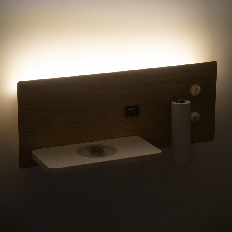 GloboStar® PALADIN 61359 Μοντέρνο Φωτιστικό Τοίχου - Απλίκα Ξενοδοχείου Bed Side LED 6W 720lm 36° AC 220-240V - Reading Light & Κρυφός Φωτισμός - Φορτιστές USB 3A & Wireless 20W - Μ30 x Π11 x Υ12cm - Φυσικό Λευκό 4500K - Ξύλο & Λευκό - Αριστερ