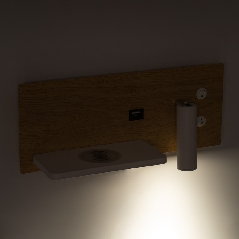 GloboStar® PALADIN 61359 Μοντέρνο Φωτιστικό Τοίχου - Απλίκα Ξενοδοχείου Bed Side LED 6W 720lm 36° AC 220-240V - Reading Light & Κρυφός Φωτισμός - Φορτιστές USB 3A & Wireless 20W - Μ30 x Π11 x Υ12cm - Φυσικό Λευκό 4500K - Ξύλο & Λευκό - Αριστερ