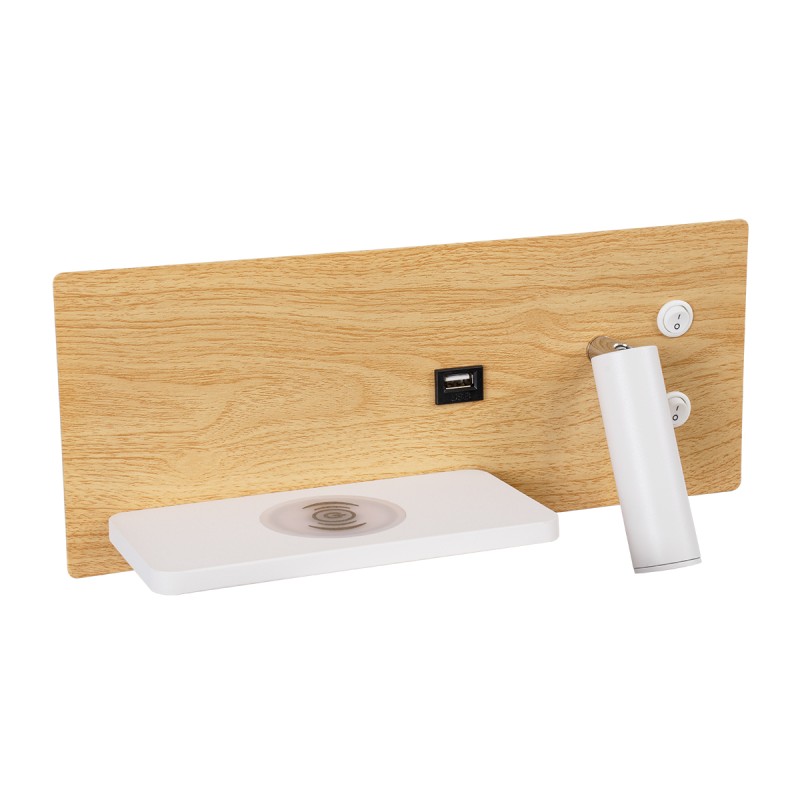 GloboStar® PALADIN 61359 Μοντέρνο Φωτιστικό Τοίχου - Απλίκα Ξενοδοχείου Bed Side LED 6W 720lm 36° AC 220-240V - Reading Light & Κρυφός Φωτισμός - Φορτιστές USB 3A & Wireless 20W - Μ30 x Π11 x Υ12cm - Φυσικό Λευκό 4500K - Ξύλο & Λευκό - Αριστερ