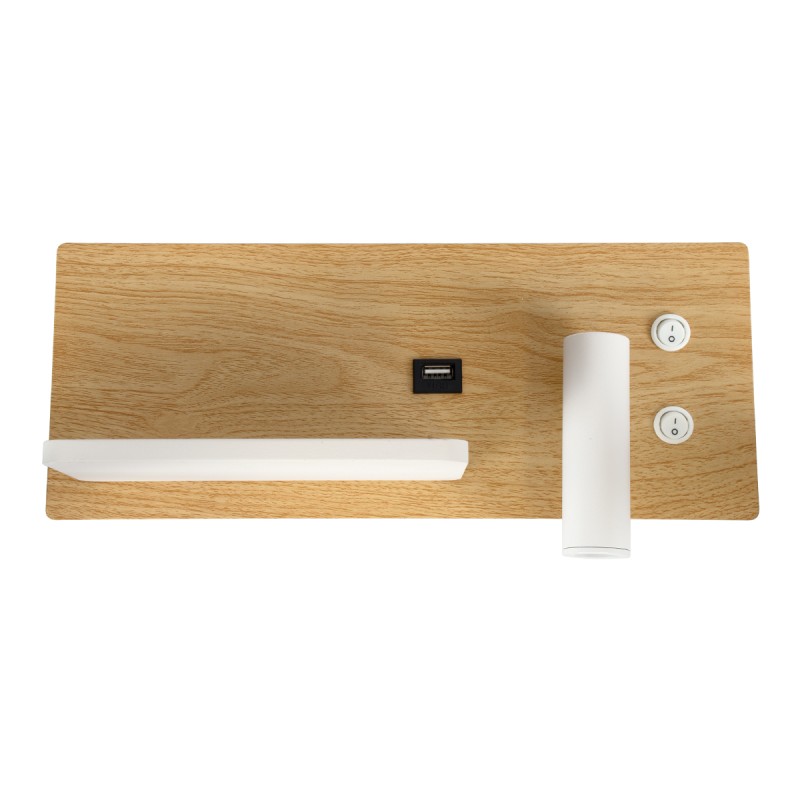 GloboStar® PALADIN 61359 Μοντέρνο Φωτιστικό Τοίχου - Απλίκα Ξενοδοχείου Bed Side LED 6W 720lm 36° AC 220-240V - Reading Light & Κρυφός Φωτισμός - Φορτιστές USB 3A & Wireless 20W - Μ30 x Π11 x Υ12cm - Φυσικό Λευκό 4500K - Ξύλο & Λευκό - Αριστερ