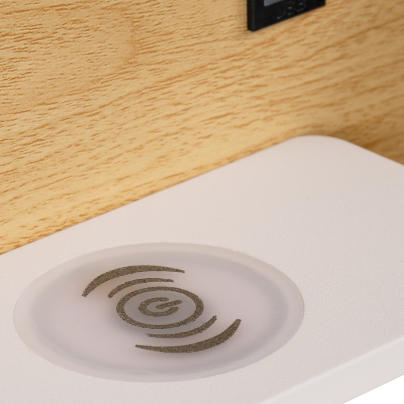 GloboStar® PALADIN 61359 Μοντέρνο Φωτιστικό Τοίχου - Απλίκα Ξενοδοχείου Bed Side LED 6W 720lm 36° AC 220-240V - Reading Light & Κρυφός Φωτισμός - Φορτιστές USB 3A & Wireless 20W - Μ30 x Π11 x Υ12cm - Φυσικό Λευκό 4500K - Ξύλο & Λευκό - Αριστερ