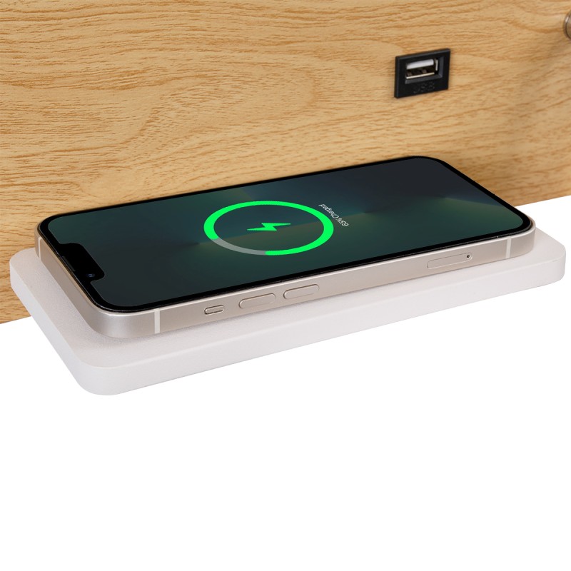 GloboStar® PALADIN 61359 Μοντέρνο Φωτιστικό Τοίχου - Απλίκα Ξενοδοχείου Bed Side LED 6W 720lm 36° AC 220-240V - Reading Light & Κρυφός Φωτισμός - Φορτιστές USB 3A & Wireless 20W - Μ30 x Π11 x Υ12cm - Φυσικό Λευκό 4500K - Ξύλο & Λευκό - Αριστερ