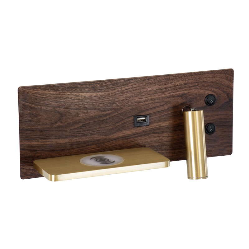 GloboStar® PALADIN 61361 Μοντέρνο Φωτιστικό Τοίχου - Απλίκα Ξενοδοχείου Bed Side LED 6W 720lm 36° AC 220-240V - Reading Light & Κρυφός Φωτισμός - Φορτιστές USB 3A & Wireless 20W - Μ30 x Π11 x Υ12cm - Φυσικό Λευκό 4500K - Ξύλο & Χρυσό - Αριστερ