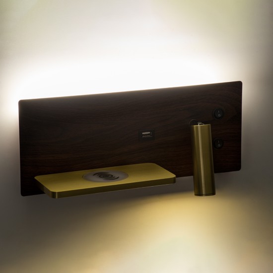 GloboStar® PALADIN 61361 Μοντέρνο Φωτιστικό Τοίχου - Απλίκα Ξενοδοχείου Bed Side LED 6W 720lm 36° AC 220-240V - Reading Light & Κρυφός Φωτισμός - Φορτιστές USB 3A & Wireless 20W - Μ30 x Π11 x Υ12cm - Φυσικό Λευκό 4500K - Ξύλο & Χρυσό - Αριστερ