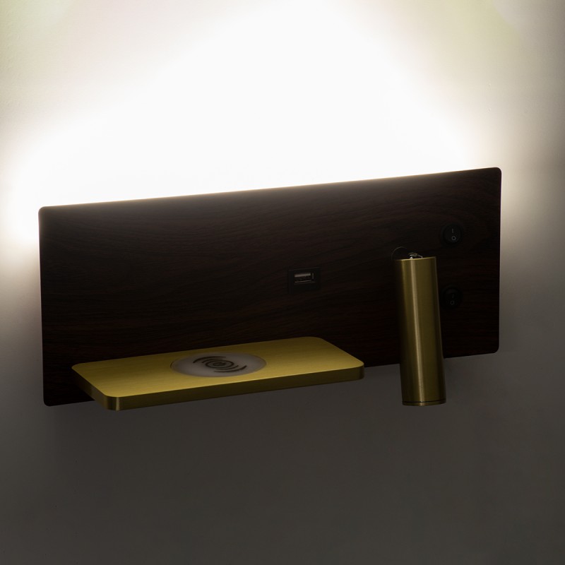 GloboStar® PALADIN 61361 Μοντέρνο Φωτιστικό Τοίχου - Απλίκα Ξενοδοχείου Bed Side LED 6W 720lm 36° AC 220-240V - Reading Light & Κρυφός Φωτισμός - Φορτιστές USB 3A & Wireless 20W - Μ30 x Π11 x Υ12cm - Φυσικό Λευκό 4500K - Ξύλο & Χρυσό - Αριστερ