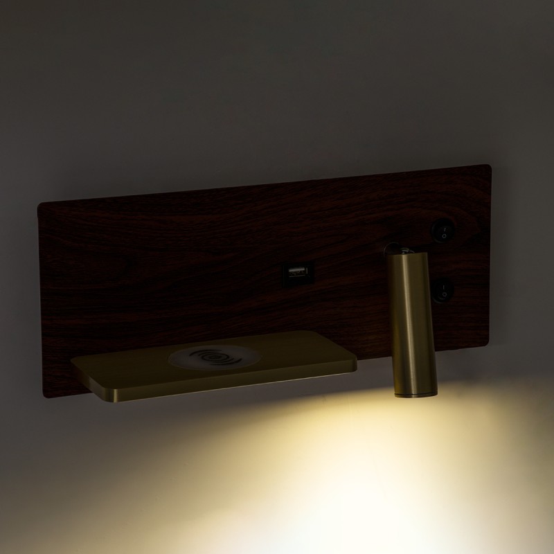 GloboStar® PALADIN 61361 Μοντέρνο Φωτιστικό Τοίχου - Απλίκα Ξενοδοχείου Bed Side LED 6W 720lm 36° AC 220-240V - Reading Light & Κρυφός Φωτισμός - Φορτιστές USB 3A & Wireless 20W - Μ30 x Π11 x Υ12cm - Φυσικό Λευκό 4500K - Ξύλο & Χρυσό - Αριστερ