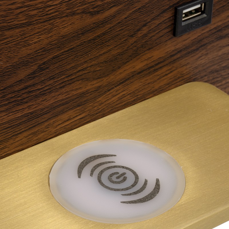 GloboStar® PALADIN 61361 Μοντέρνο Φωτιστικό Τοίχου - Απλίκα Ξενοδοχείου Bed Side LED 6W 720lm 36° AC 220-240V - Reading Light & Κρυφός Φωτισμός - Φορτιστές USB 3A & Wireless 20W - Μ30 x Π11 x Υ12cm - Φυσικό Λευκό 4500K - Ξύλο & Χρυσό - Αριστερ