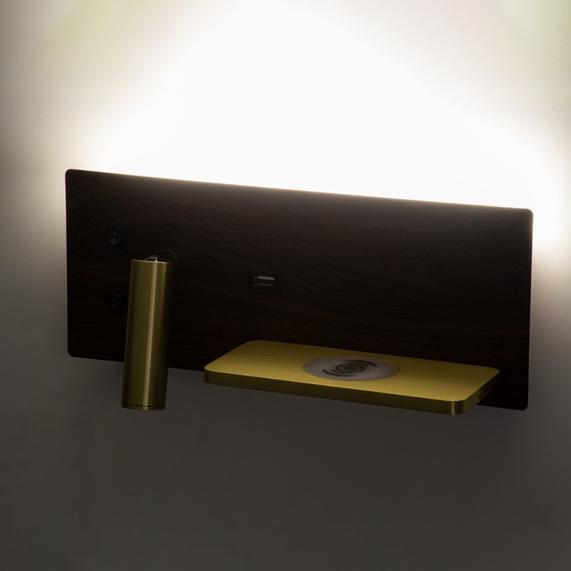 GloboStar® PALADIN 61362 Μοντέρνο Φωτιστικό Τοίχου - Απλίκα Ξενοδοχείου Bed Side LED 6W 720lm 36° AC 220-240V - Reading Light & Κρυφός Φωτισμός - Φορτιστές USB 3A & Wireless 20W - Μ30 x Π11 x Υ12cm - Φυσικό Λευκό 4500K - Ξύλο & Χρυσό - Δεξί