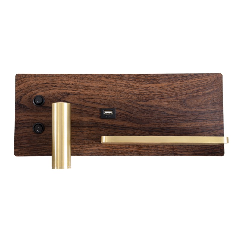 GloboStar® PALADIN 61362 Μοντέρνο Φωτιστικό Τοίχου - Απλίκα Ξενοδοχείου Bed Side LED 6W 720lm 36° AC 220-240V - Reading Light & Κρυφός Φωτισμός - Φορτιστές USB 3A & Wireless 20W - Μ30 x Π11 x Υ12cm - Φυσικό Λευκό 4500K - Ξύλο & Χρυσό - Δεξί