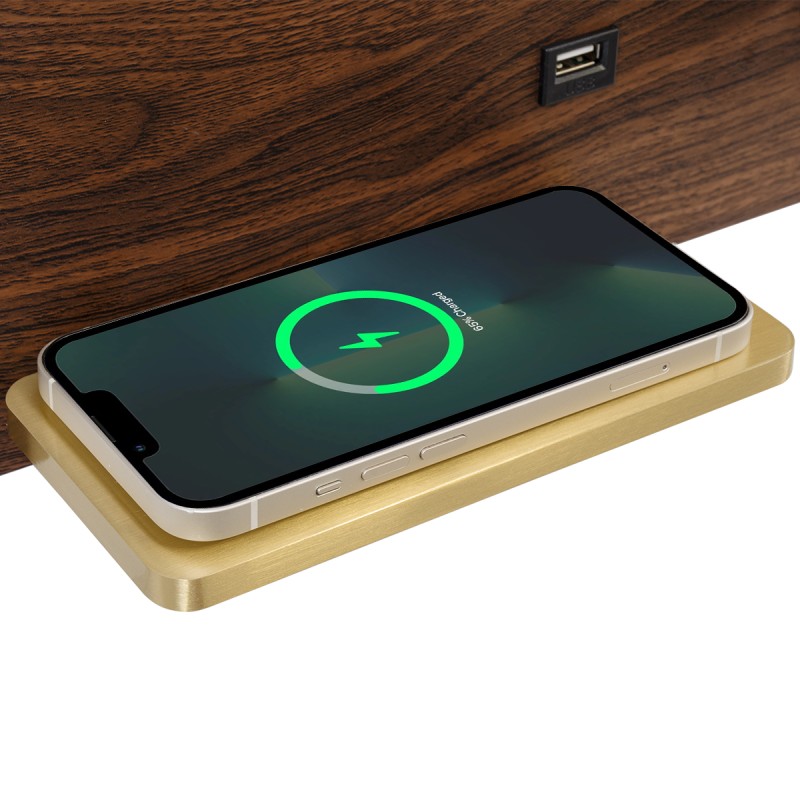 GloboStar® PALADIN 61362 Μοντέρνο Φωτιστικό Τοίχου - Απλίκα Ξενοδοχείου Bed Side LED 6W 720lm 36° AC 220-240V - Reading Light & Κρυφός Φωτισμός - Φορτιστές USB 3A & Wireless 20W - Μ30 x Π11 x Υ12cm - Φυσικό Λευκό 4500K - Ξύλο & Χρυσό - Δεξί