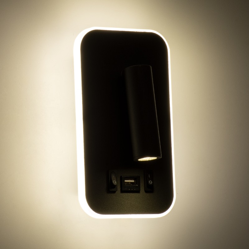 GLOBOSTAR® LADY-O 61363 Μοντέρνο Φωτιστικό Τοίχου - Απλίκα Ξενοδοχείου Reading Light με Φορτιστή USB 3A LED 10W 1000lm 36° & 360° AC 220-240V IP20 Φυσικό Λευκό 4500K - Bridgelux COB Chip & TÜV SÜD Driver - Μαύρο Ματ - Μ10.5 x Π10 x Υ18.5cm - 3 Χρό