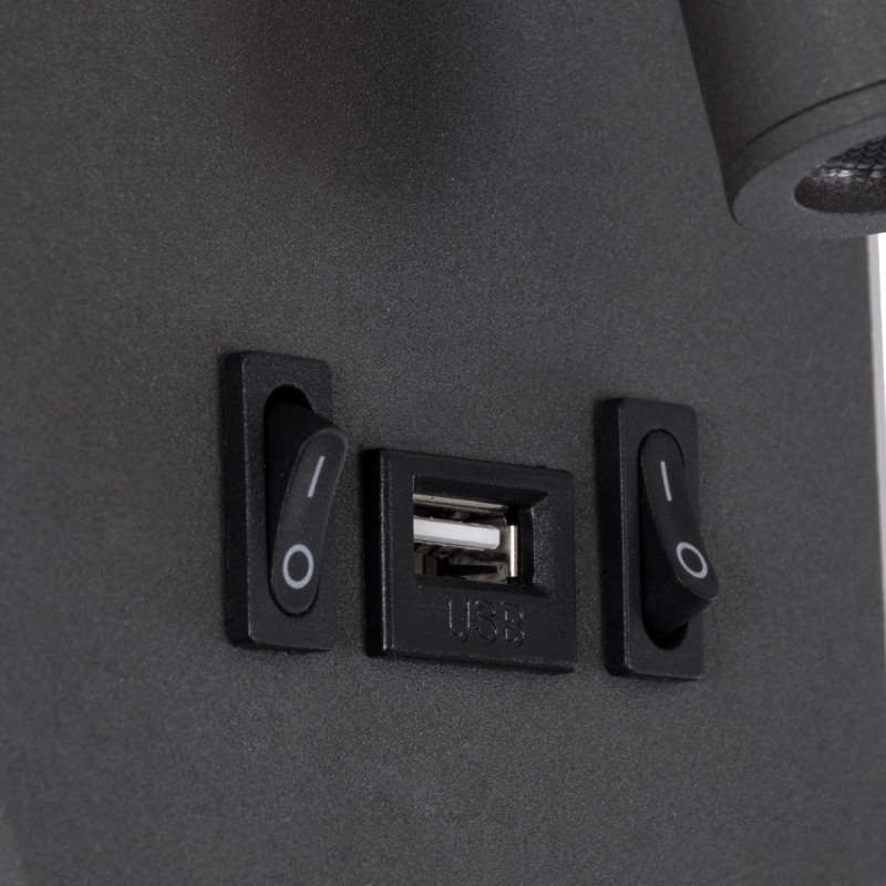 GLOBOSTAR® LADY-O 61365 Μοντέρνο Φωτιστικό Τοίχου - Απλίκα Ξενοδοχείου Reading Light με Φορτιστή USB 3A LED 10W 1000lm 36° & 360° AC 220-240V IP20 Φυσικό Λευκό 4500K - Bridgelux COB Chip & TÜV SÜD Driver - Γκρι Ανθρακί Ματ - Μ10.5 x Π10 x Υ18.5cm