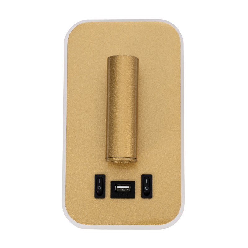 GloboStar® LADY-O 61366 Μοντέρνο Φωτιστικό Τοίχου - Απλίκα Ξενοδοχείου Bed Side LED 10W 1000lm 36° & 360° AC 220-240V - Reading Light & Κρυφός Φωτισμός - Φορτιστής USB 3A - Μ10.5 x Π10 x Υ18.5cm - Φυσικό Λευκό 4500K - Χρυσό Βούρτσας - 3 Χρόνια Εγγ
