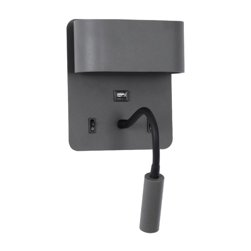 GLOBOSTAR® IBIS 61369 Μοντέρνο Φωτιστικό Τοίχου - Απλίκα Ξενοδοχείου Reading Light με Φορτιστή USB 3A LED 10W 1100lm 36° & 360° AC 220-240V IP20 Φυσικό Λευκό 4500K - Bridgelux COB Chip & TÜV SÜD Driver - Γκρι Ανθρακί Ματ - Μ10 x Π6.1 x Υ18cm - 3 Χ
