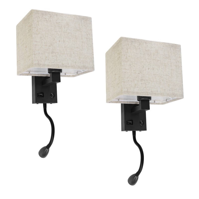 GloboStar® ROULETTE-S 61382 Μοντέρνο Φωτιστικό Τοίχου - Απλίκα Ξενοδοχείου Bed Side LED 3W 360lm & 1 x E27 36° & 360° AC 220-240V - Reading Up/Down Light - Φορτιστής USB 3A - Μ17 x Π20 x Υ37cm - Φυσικό Λευκό 4500K - Μαύρο με Μπεζ Καπέλο - Σετ 2 Τε