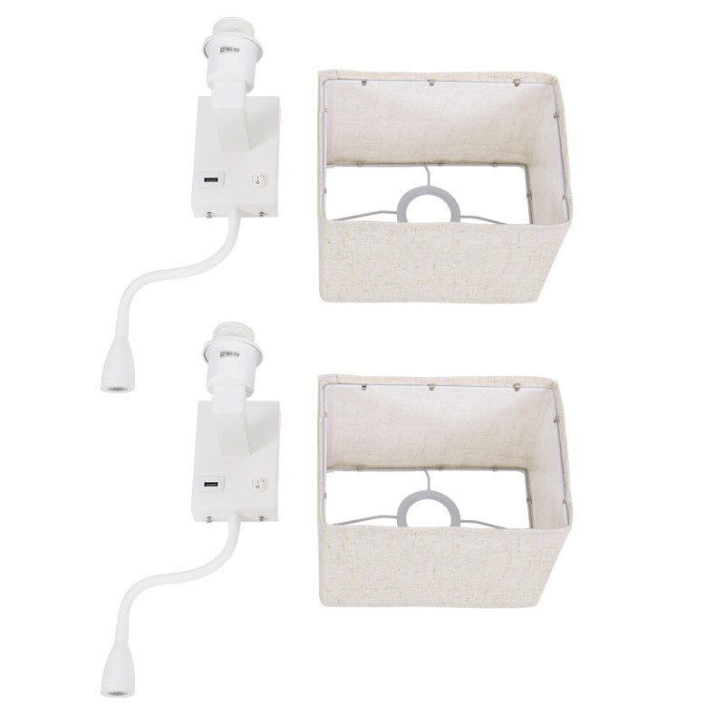 GloboStar® ROULETTE-S 61383 Μοντέρνο Φωτιστικό Τοίχου - Απλίκα Ξενοδοχείου Bed Side LED 3W 360lm & 1 x E27 36° & 360° AC 220-240V - Reading Up/Down Light - Φορτιστής USB 3A - Μ17 x Π20 x Υ37cm - Φυσικό Λευκό 4500K - Λευκό με Μπεζ Καπέλο - Σετ 2 Τε