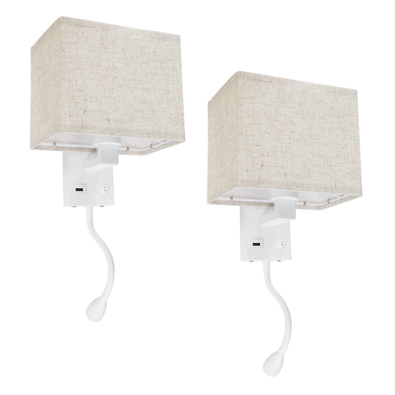GloboStar® ROULETTE-S 61383 Μοντέρνο Φωτιστικό Τοίχου - Απλίκα Ξενοδοχείου Bed Side LED 3W 360lm & 1 x E27 36° & 360° AC 220-240V - Reading Up/Down Light - Φορτιστής USB 3A - Μ17 x Π20 x Υ37cm - Φυσικό Λευκό 4500K - Λευκό με Μπεζ Καπέλο - Σετ 2 Τε
