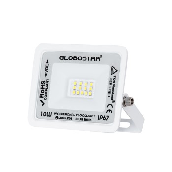 GLOBOSTAR® ATLAS 61404 Προβολέας LED 10W 1250lm 120° AC 220-240V Αδιάβροχο IP67 Ψυχρό Λευκό 6000K - Lumileds SMD Chip - TÜV Rheinland Certified - Λευκό Ματ - Μ10 x Π2 x Υ8cm - 5 Χρόνια Εγγύηση