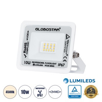 GLOBOSTAR® ATLAS 61405 Προβολέας LED 10W 1200lm 120° AC 220-240V Αδιάβροχο IP67 Φυσικό Λευκό 4500K - Lumileds SMD Chip - TÜV Rheinland Certified - Λευκό Ματ - Μ10 x Π2 x Υ8cm - 5 Χρόνια Εγγύηση