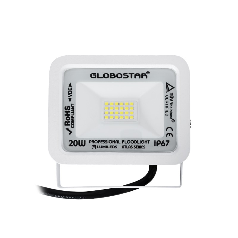 GloboStar® ATLAS 61407 Επαγγελματικός Προβολέας LED 20W 2500lm 120° AC 220-240V - Αδιάβροχος IP67 - Μ12 x Π2.5 x Υ9.5cm - Λευκό - Ψυχρό Λευκό 6000K - LUMILEDS Chips - TÜV Rheinland Certified - 5 Years Warranty