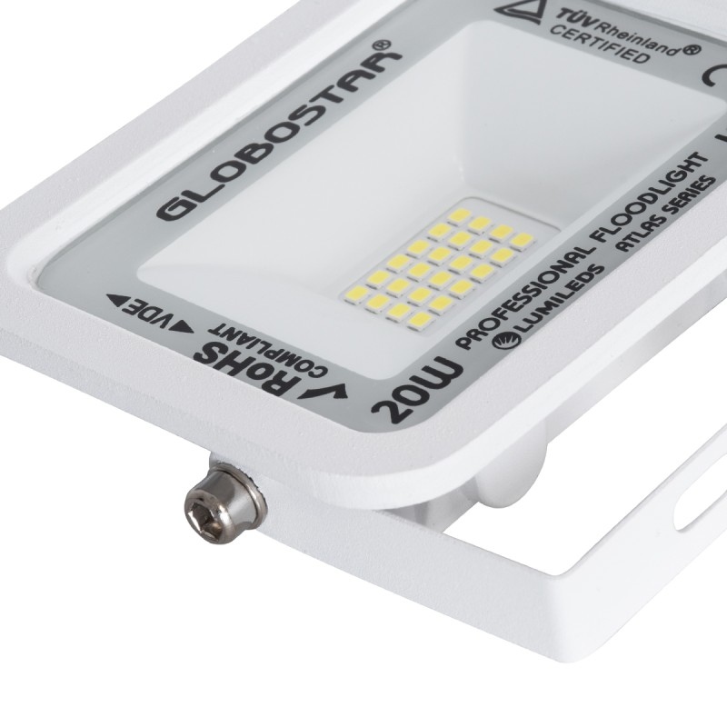 GloboStar® ATLAS 61407 Επαγγελματικός Προβολέας LED 20W 2500lm 120° AC 220-240V - Αδιάβροχος IP67 - Μ12 x Π2.5 x Υ9.5cm - Λευκό - Ψυχρό Λευκό 6000K - LUMILEDS Chips - TÜV Rheinland Certified - 5 Years Warranty