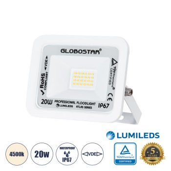 GLOBOSTAR® ATLAS 61408 Προβολέας LED 20W 2400lm 120° AC 220-240V Αδιάβροχο IP67 Φυσικό Λευκό 4500K - Lumileds SMD Chip - TÜV Rheinland Certified - Λευκό Ματ - Μ12 x Π2.5 x Υ9.5cm - 5 Χρόνια Εγγύηση