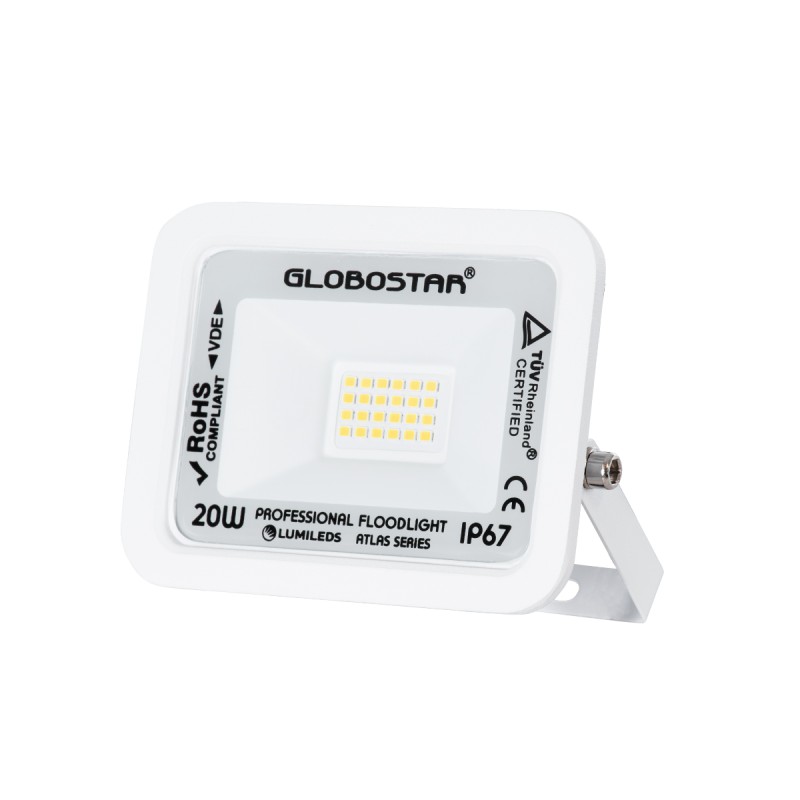 GloboStar® ATLAS 61408 Επαγγελματικός Προβολέας LED 20W 2400lm 120° AC 220-240V - Αδιάβροχος IP67 - Μ12 x Π2.5 x Υ9.5cm - Λευκό - Φυσικό Λευκό 4500K - LUMILEDS Chips - TÜV Rheinland Certified - 5 Years Warranty