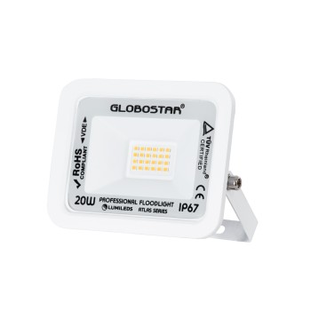 GLOBOSTAR® ATLAS 61409 Προβολέας LED 20W 2300lm 120° AC 220-240V Αδιάβροχο IP67 Θερμό Λευκό 2700K - Lumileds SMD Chip - TÜV Rheinland Certified - Λευκό Ματ - Μ12 x Π2.5 x Υ9.5cm - 5 Χρόνια Εγγύηση