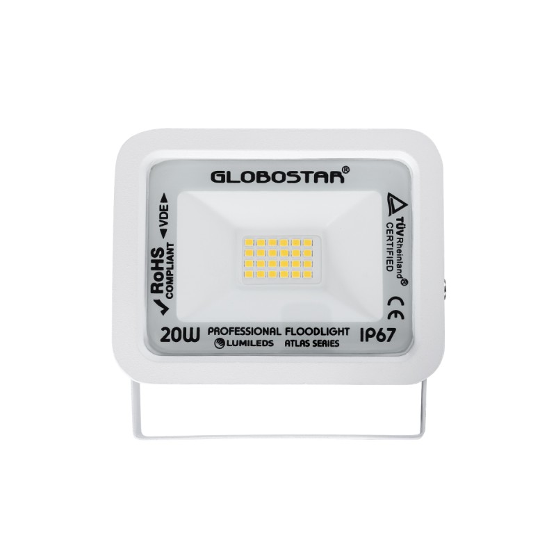 GloboStar® ATLAS 61409 Επαγγελματικός Προβολέας LED 20W 2300lm 120° AC 220-240V - Αδιάβροχος IP67 - Μ12 x Π2.5 x Υ9.5cm - Λευκό - Θερμό Λευκό 2700K - LUMILEDS Chips - TÜV Rheinland Certified - 5 Years Warranty