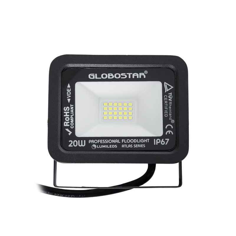 GloboStar® ATLAS 61410 Επαγγελματικός Προβολέας LED 20W 2500lm 120° AC 220-240V - Αδιάβροχος IP67 - Μ12 x Π2.5 x Υ9.5cm - Μαύρο - Ψυχρό Λευκό 6000K - LUMILEDS Chips - TÜV Rheinland Certified - 5 Years Warranty