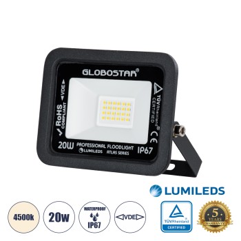 GLOBOSTAR® ATLAS 61411 Προβολέας LED 20W 2400lm 120° AC 220-240V Αδιάβροχο IP67 Φυσικό Λευκό 4500K - Lumileds SMD Chip - TÜV Rheinland Certified - Μαύρο Ματ - Μ12 x Π2.5 x Υ9.5cm - 5 Χρόνια Εγγύηση