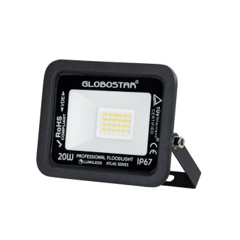 GLOBOSTAR® ATLAS 61411 Προβολέας LED 20W 2400lm 120° AC 220-240V Αδιάβροχο IP67 Φυσικό Λευκό 4500K - Lumileds SMD Chip - TÜV Rheinland Certified - Μαύρο Ματ - Μ12 x Π2.5 x Υ9.5cm - 5 Χρόνια Εγγύηση
