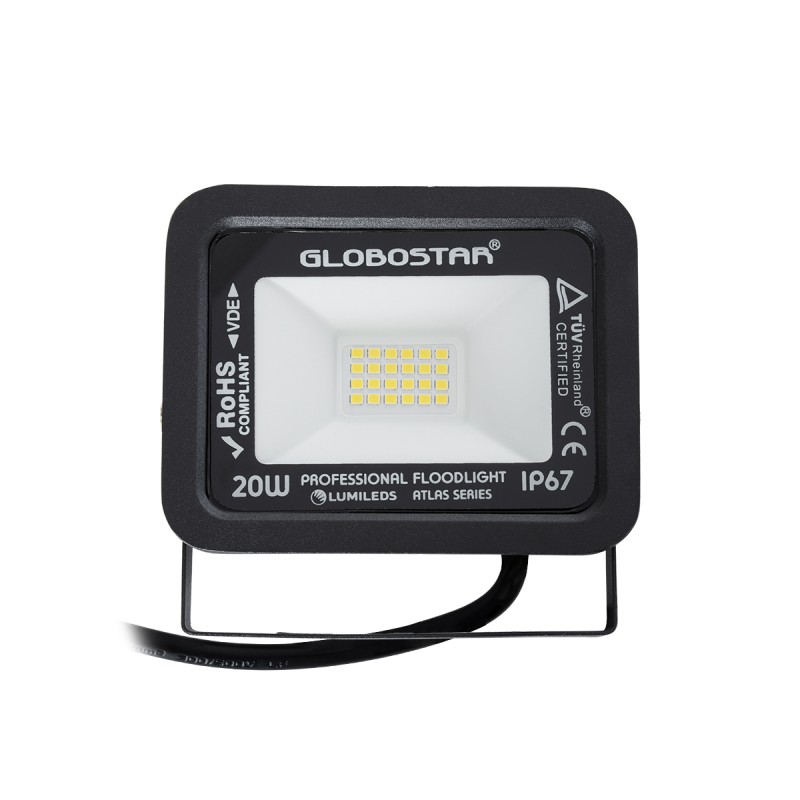 GloboStar® ATLAS 61411 Επαγγελματικός Προβολέας LED 20W 2400lm 120° AC 220-240V - Αδιάβροχος IP67 - Μ12 x Π2.5 x Υ9.5cm - Μαύρο - Φυσικό Λευκό 4500K - LUMILEDS Chips - TÜV Rheinland Certified - 5 Years Warranty
