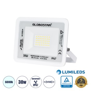 GLOBOSTAR® ATLAS 61413 Προβολέας LED 30W 3750lm 120° AC 220-240V Αδιάβροχο IP67 Ψυχρό Λευκό 6000K - Lumileds SMD Chip - TÜV Rheinland Certified - Λευκό Ματ - Μ16 x Π2.5 x Υ12.5cm - 5 Χρόνια Εγγύηση