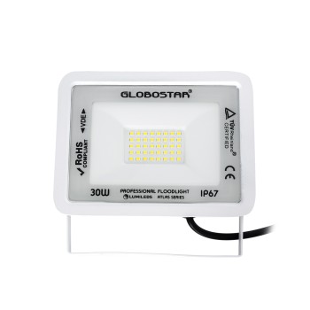 GLOBOSTAR® ATLAS 61413 Προβολέας LED 30W 3750lm 120° AC 220-240V Αδιάβροχο IP67 Ψυχρό Λευκό 6000K - Lumileds SMD Chip - TÜV Rheinland Certified - Λευκό Ματ - Μ16 x Π2.5 x Υ12.5cm - 5 Χρόνια Εγγύηση