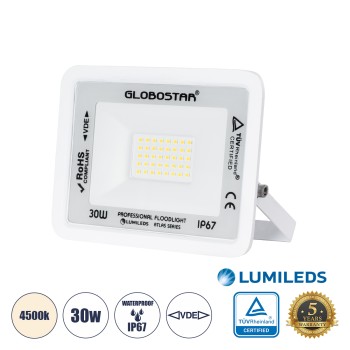 GLOBOSTAR® ATLAS 61414 Προβολέας LED 30W 3600lm 120° AC 220-240V Αδιάβροχο IP67 Φυσικό Λευκό 4500K - Lumileds SMD Chip - TÜV Rheinland Certified - Λευκό Ματ - Μ16 x Π2.5 x Υ12.5cm - 5 Χρόνια Εγγύηση