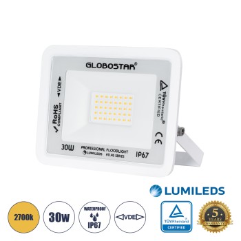 GLOBOSTAR® ATLAS 61415 Προβολέας LED 30W 3450lm 120° AC 220-240V Αδιάβροχο IP67 Θερμό Λευκό 2700K - Lumileds SMD Chip - TÜV Rheinland Certified - Λευκό Ματ - Μ16 x Π2.5 x Υ12.5cm - 5 Χρόνια Εγγύηση
