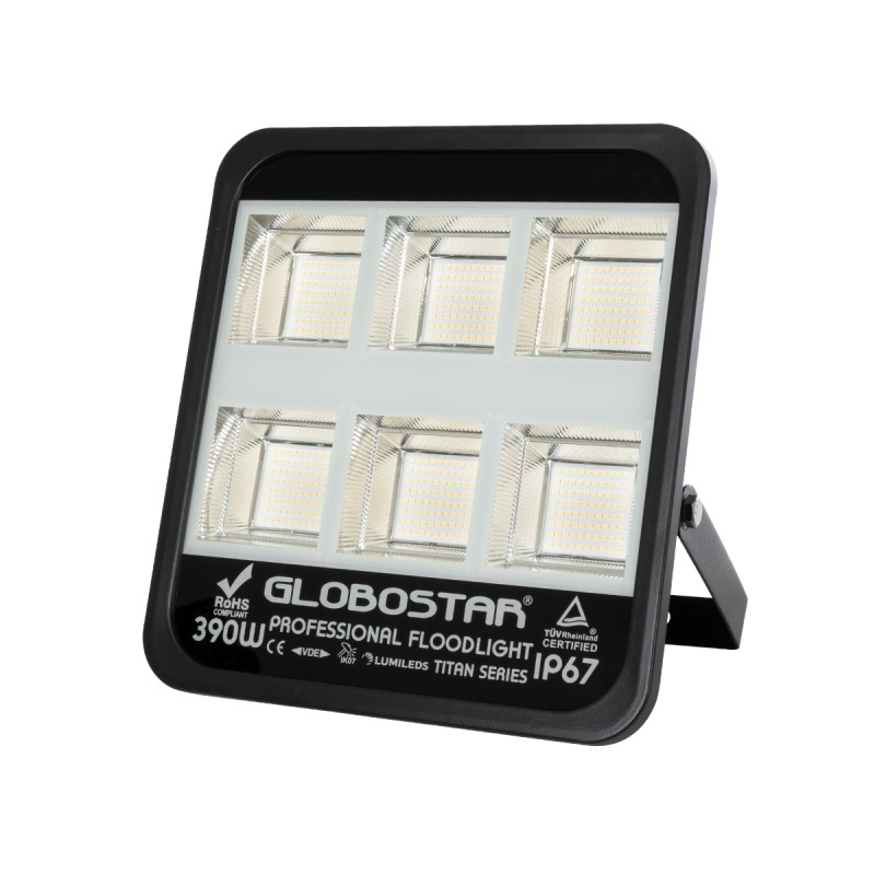 GloboStar® TITAN 61435 Επαγγελματικός Προβολέας για Γήπεδα Tennis & Ποδοσφαίρου 5x5 LED 390W 48750lm 60°x90° FishEye AC 220-240V - Αδιάβροχος IP67 - Μ32 x Π8 x Υ35cm - Μαύρο - Φυσικό Λευκό 5000K - LUMILEDS Chips - TÜV Rheinland Certified - 5 Χρόνια Εγ