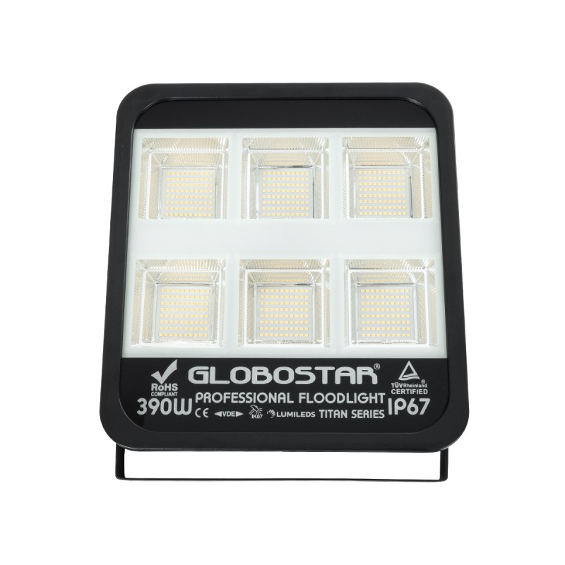 GloboStar® TITAN 61435 Επαγγελματικός Προβολέας για Γήπεδα Tennis & Ποδοσφαίρου 5x5 LED 390W 48750lm 60°x90° FishEye AC 220-240V - Αδιάβροχος IP67 - Μ32 x Π8 x Υ35cm - Μαύρο - Φυσικό Λευκό 5000K - LUMILEDS Chips - TÜV Rheinland Certified - 5 Χρόνια Εγ