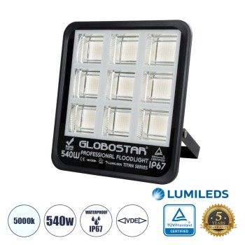 GLOBOSTAR® TITAN 61436 Προβολέας για Γήπεδα Tennis & Ποδοσφαίρου 5x5 LED 540W 67500lm 60°x90° AC 220-240V Αδιάβροχο IP67 Φυσικό Λευκό 5000K - Lumileds SMD Chip - TÜV Rheinland Certified - Μαύρο Ματ - Μ38 x Π8 x Υ42cm - 5 Χρόνια Εγγύηση