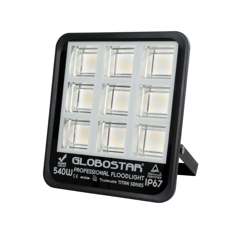 GloboStar® TITAN 61436 Επαγγελματικός Προβολέας για Γήπεδα Tennis & Ποδοσφαίρου 5x5 LED 540W 67500lm 60°x90° FishEye AC 220-240V - Αδιάβροχος IP67 - Μ38 x Π8 x Υ42cm - Μαύρο - Φυσικό Λευκό 5000K - LUMILEDS Chips - TÜV Rheinland Certified - 5 Χρόνια Εγ