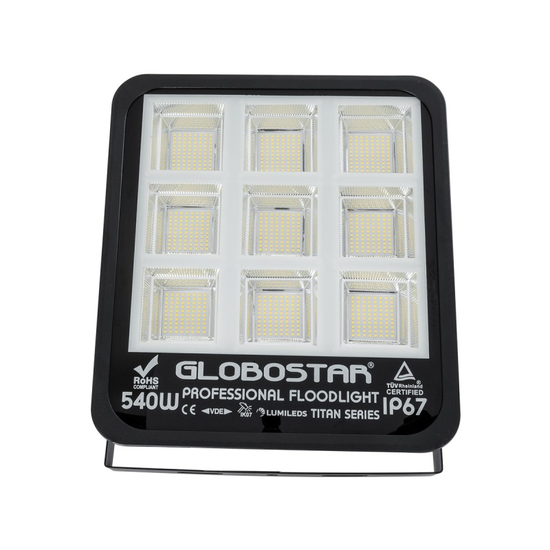 GloboStar® TITAN 61436 Επαγγελματικός Προβολέας για Γήπεδα Tennis & Ποδοσφαίρου 5x5 LED 540W 67500lm 60°x90° FishEye AC 220-240V - Αδιάβροχος IP67 - Μ38 x Π8 x Υ42cm - Μαύρο - Φυσικό Λευκό 5000K - LUMILEDS Chips - TÜV Rheinland Certified - 5 Χρόνια Εγ