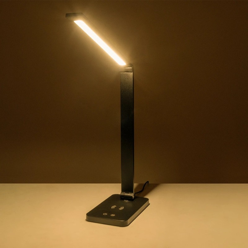 GLOBOSTAR® TEBLA 60482 Μοντέρνο Επιτραπέζιο Φωτιστικό Γραφείου με Ασύρματη Φόρτιση 5W 1A LED 5W 500lm 120° AC 220-240V IP20 Ρυθμιζόμενο Λευκό CCT με Αφή 2700K/4500K/6000K Dimmable - Bridgelux SMD Chip - Μαύρο - Μ11 x Π31 x Υ52cm - 2 Χρόνια Εγγύηση