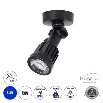 GLOBOSTAR® GARDENINI 61548 Φωτιστικό Σποτ LED 5W 550lm 38° DC 24V Αδιάβροχο IP68 Μπλε Dimmable - Lumileds SMD Chip - Μαύρο - Μ7 x Π7 x Υ14.5cm - 3 Χρόνια Εγγύηση
