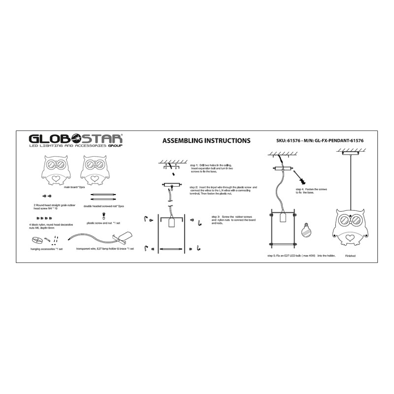 GloboStar® OWL 61576 Παιδικό Κρεμαστό Φωτιστικό Φιγούρα Μονόφωτο 1 x E27 IP20 Πολύχρωμο Πλαστικό - Μ29.5 x Π15.5 x Υ30.5cm