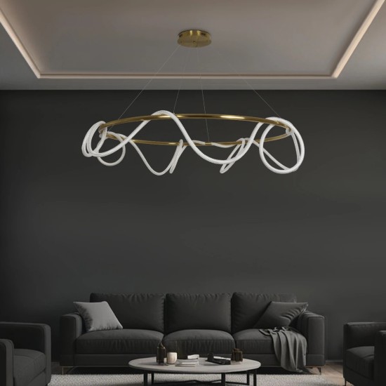 kelvo® GLOW 61661 Μοντέρνο Κρεμαστό Φωτιστικό Οροφής LED 100W 10000lm 360° AC 220-240V IP20 Ρυθμιζόμενο Λευκό CCT με Χειριστήριο από 2700K έως 6000K Dimmable - Lumileds SMD Chip - Χρυσό Πλατίνα & Λευκό Νήμα - Μ150 x Π150 x Υ100cm - 3 Χρόνια Εγγύηση kelvo® GLOW 61661 Μοντέρνο Κρεμαστό Φωτιστικό Οροφής LED 100W 10000lm 360° AC 220-240V IP20 Ρυθμιζόμενο Λευκό CCT με Χειριστήριο από 2700K έως 6000K Dimmable - Lumileds SMD Chip - Χρυσό Πλατίνα & Λευκό Νήμα - Μ150 x Π150 x Υ100cm - 3 Χρόνια Εγγύηση